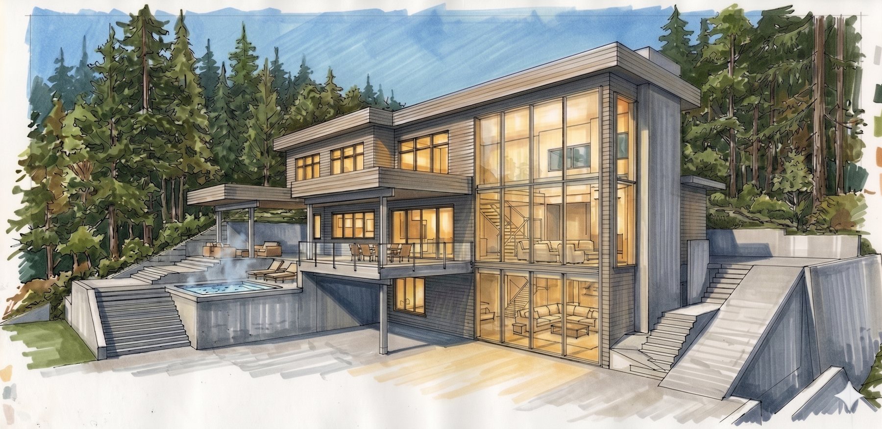 Oceanfront — hand-drawn rendering of the glass rear elevation
