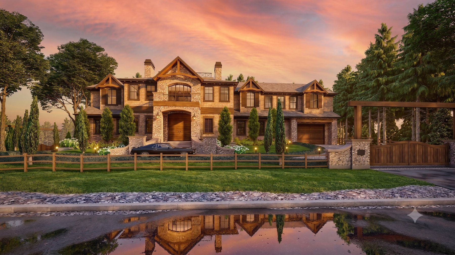 Southlands — sunset rendering of the stone and timber home